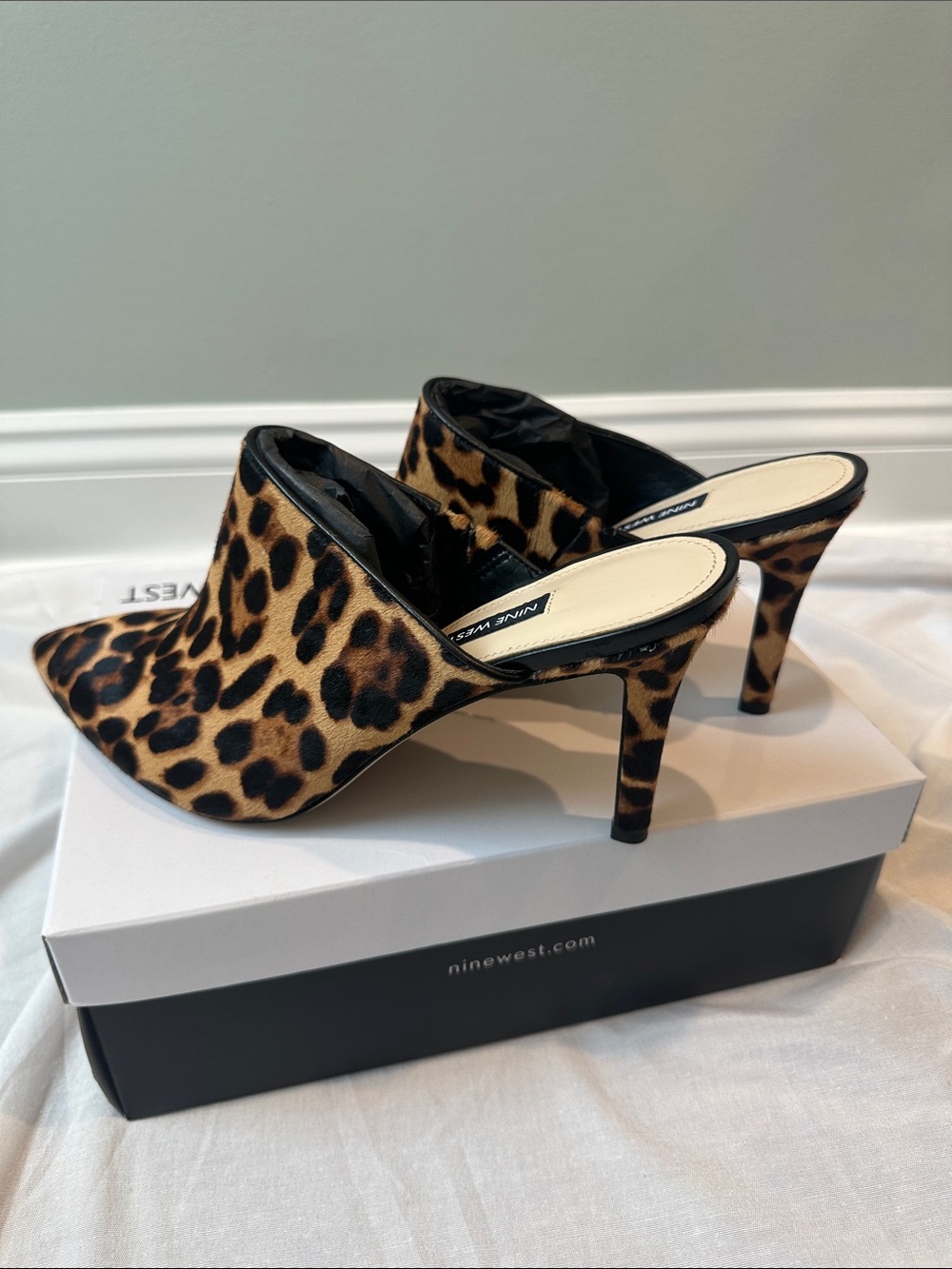 Nine West Leopard Print Pointed-Toe Mules - Brown/Black Size 10M